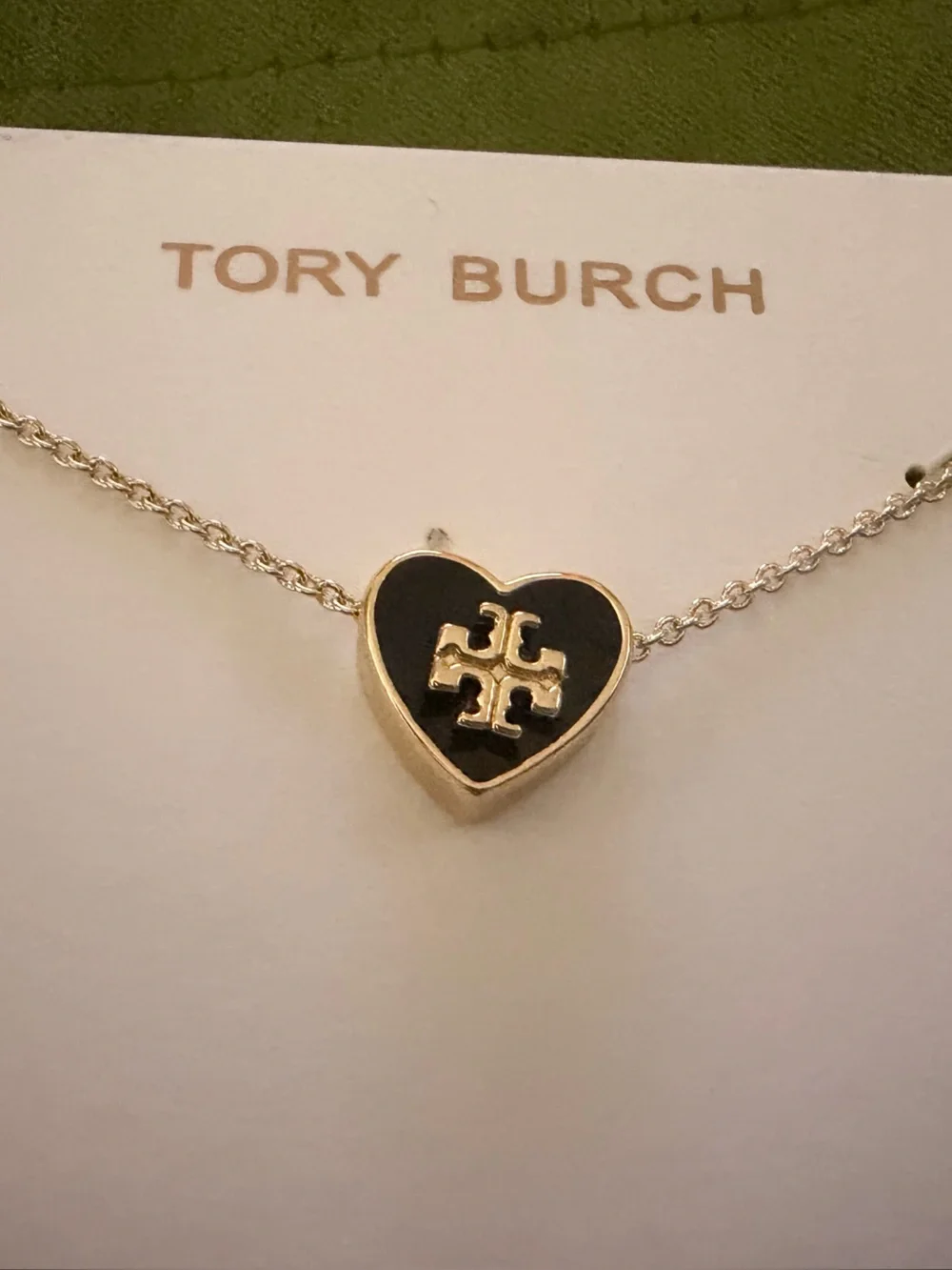 Tory Burch Black Heart Logo Pendant Necklace with Gold-Tone Chain 16-18 inches